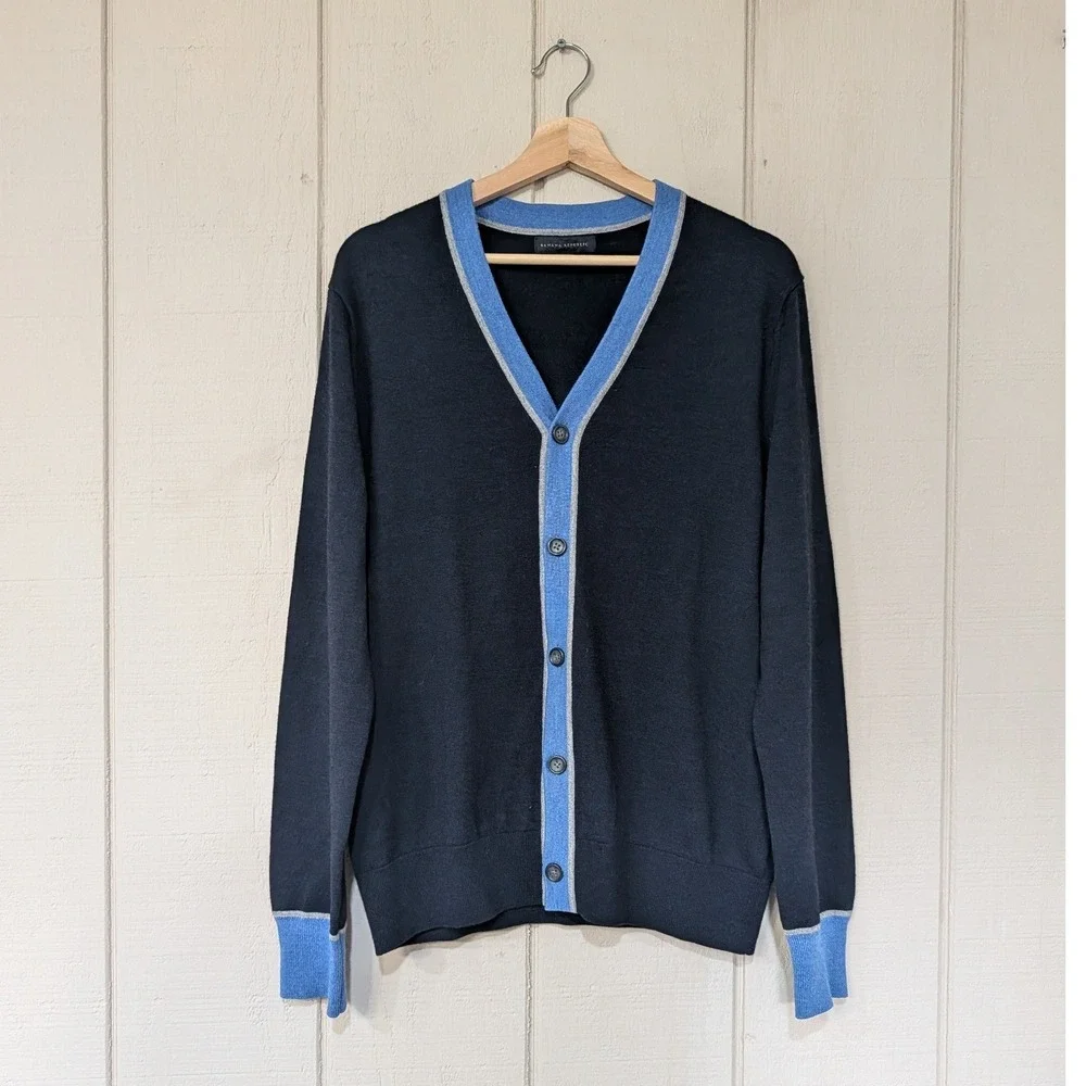 Banana Republic Extra-fine‎ Merino Wool Contrast-trim cardigan Navy Mens L